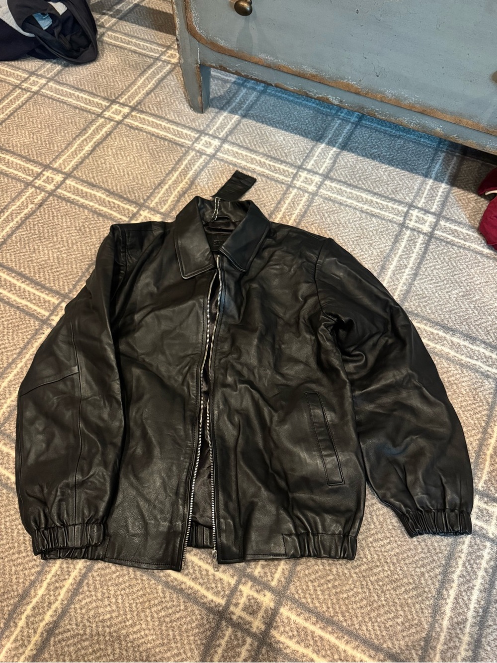 Black Leather Bomber Jacket - Classic Zip Front